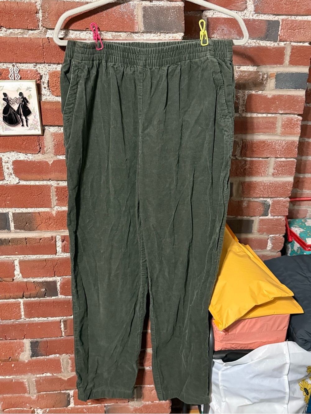 Olive Green Corduroy Elastic-Waist Pants